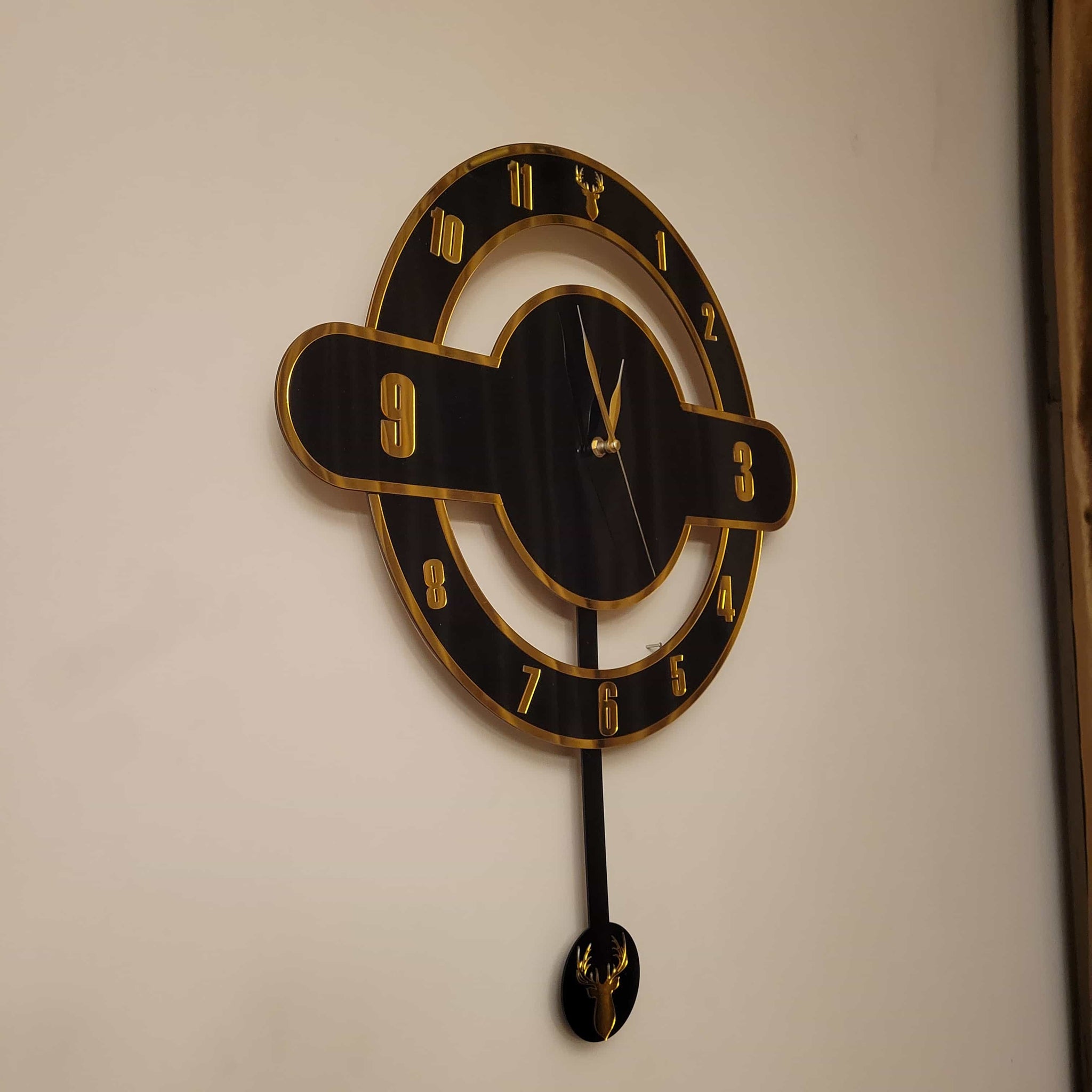 Modern Dual-Layer Deer Pendulum Acrylic Wall Clock – Black & Gold (16 Inches)