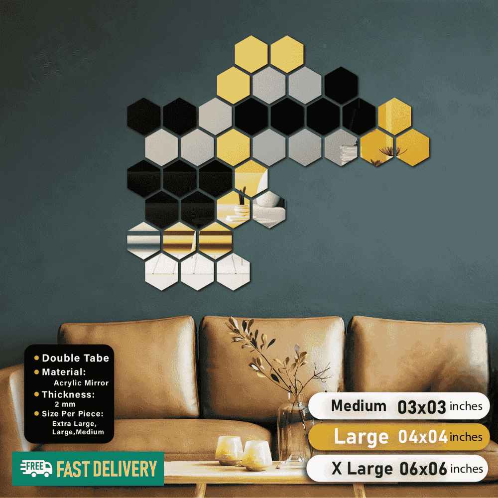 Golden, Silver and Black Acrylic Hexagon For Wall Decor