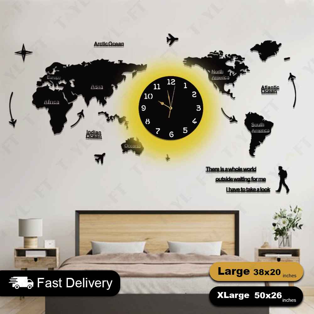 World Map Wooden Clock For Wall Decor