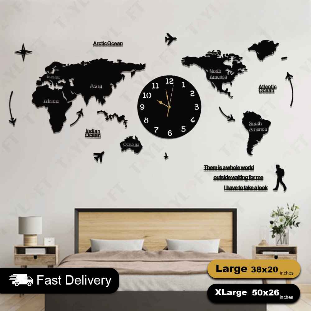 World Map Wooden Clock For Wall Decor